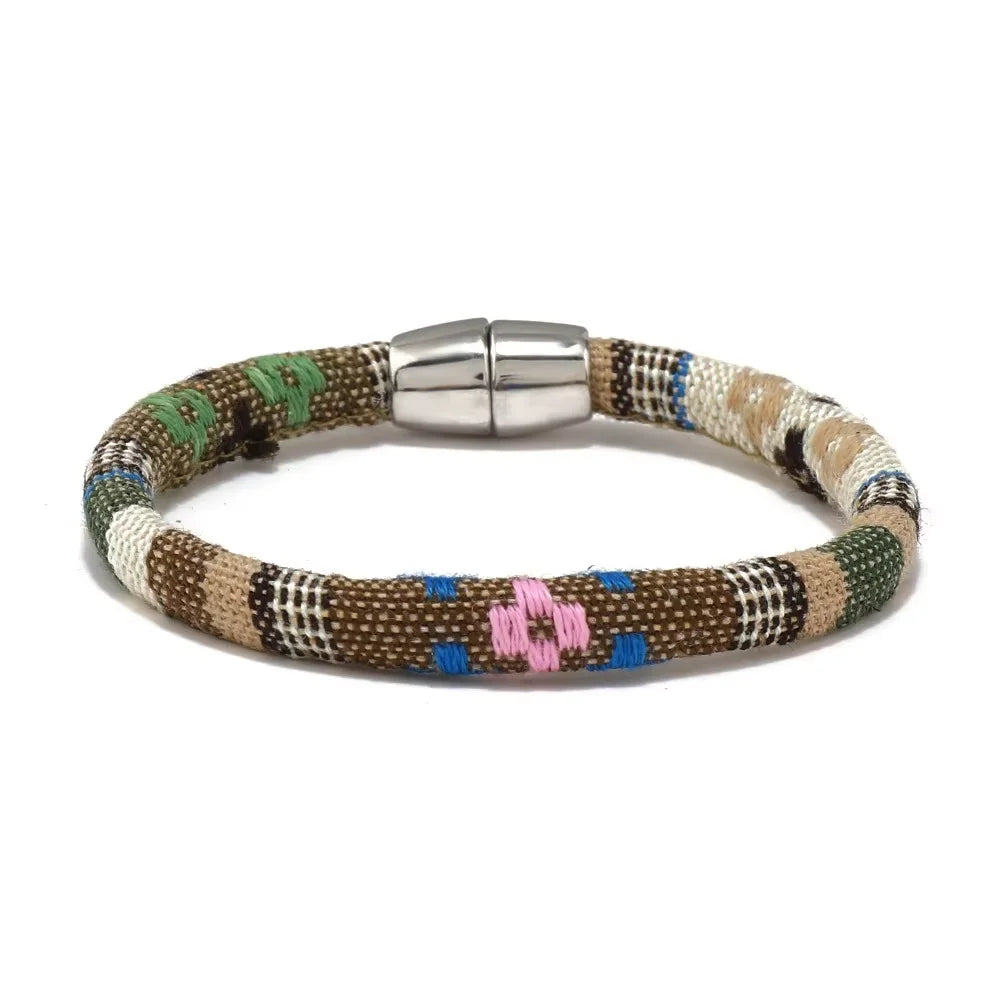 Forest Bloom Bracelet handcrafted with vibrant patterns and silver clasp, 8" size, promoting fair trade in Nepal.